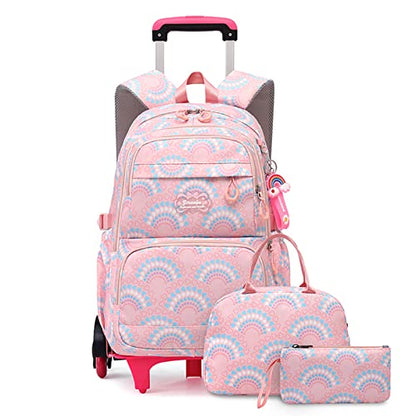 Mfikaryi 3PCS Girls Rolling Backpack Elementary Student Schoolbag Travel Trolley Bag Wheeled Bookbag with Lunch Box - color: 3pcs-pink-6 Wheels