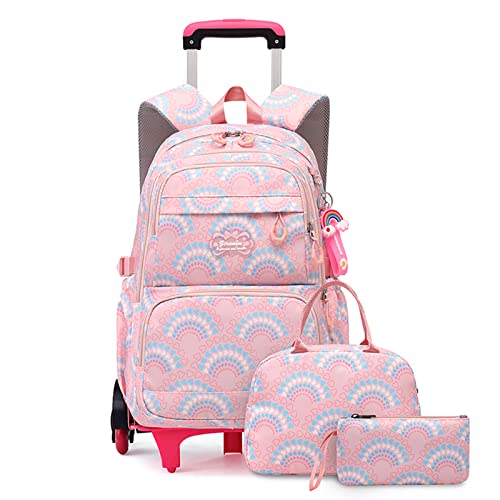 Mfikaryi 3PCS Girls Rolling Backpack Elementary Student Schoolbag Travel Trolley Bag Wheeled Bookbag with Lunch Box - color: 3pcs-pink-6 Wheels