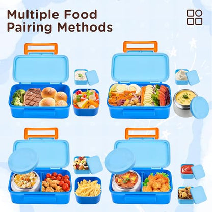 JXXM Bento Lunch Box for Kids With 8oz Thermo, Leakproof Bento Box with with 2 Compartments, Insulated Bottle, Lunch Bag, BPA Free Dishwasher Safe for School Girls Boys (Blue) - color: Blue 01