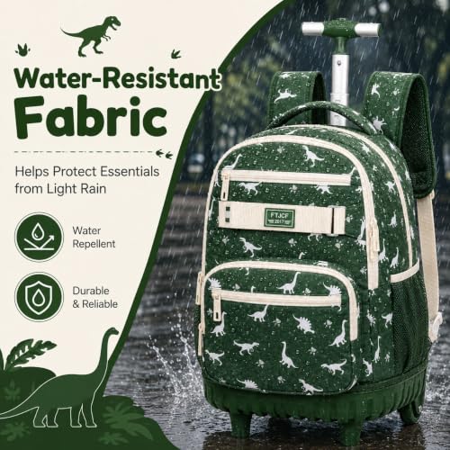 HPJGD 3PCS Dinosaur Roller Backpack for Boys, Kids Rolling Bookbag, Water Resistant Wheeled School Bag Set with Lunch Box - color: Green Dinosaur Rolling Set