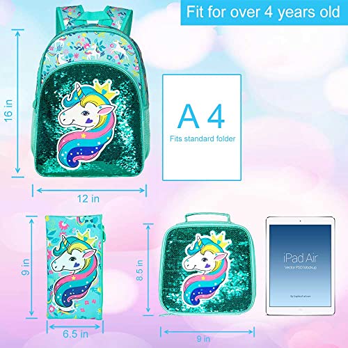 gxtvo 3PCS Girls Backpack, 16" Sequin Prechool Elementary Bookbag and Lunch Box - color: Unicorn Green