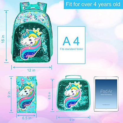 gxtvo 3PCS Girls Backpack, 16" Sequin Prechool Elementary Bookbag and Lunch Box - color: Unicorn Green
