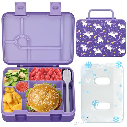 Chill Lunch Box Kids, Leak Proof Adult Bento Box with Ice Pack, 6 Compartment Lunch Container with Utensils for Girl Boy Back to School, 5.5-Cup Capacity, Dishwasher Safe, BPA Free - color: Purple-Horse