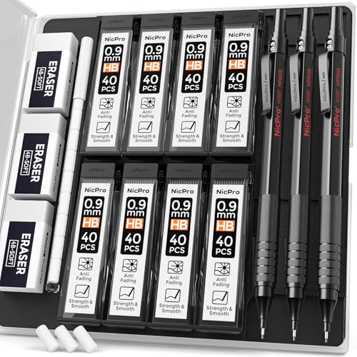 Nicpro 0.9 Metal Mechanical Pencil Set with Case, 3PCS Black MP1000 0.9mm Drafting Pencil, 8 Tubes HB Lead Refills, 3PCS Erasers, Erasers Refills for Artist Writing, Drawing, Sketching - color: Black, style: 0.9 MM