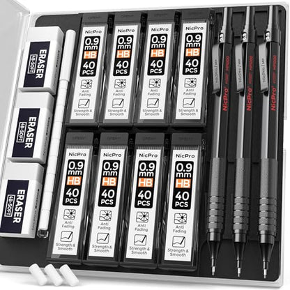 Nicpro 0.9 Metal Mechanical Pencil Set with Case, 3PCS Black MP1000 0.9mm Drafting Pencil, 8 Tubes HB Lead Refills, 3PCS Erasers, Erasers Refills for Artist Writing, Drawing, Sketching - color: Black, style: 0.9 MM
