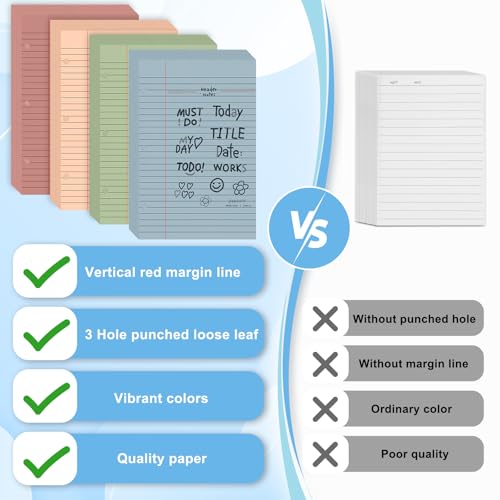 200 Sheets Half Letter Lined Paper 5.5 X 8.5 In Colored Notebook Paper College Ruled Loose Leaf Paper 3 Hole Punched Half Mini Binder Inserts Fit 3 Ring Binder for School Office