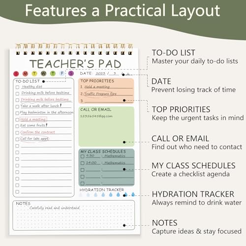 Newkita Teacher To Do List Notepad, 8.3x5.8 Inch Teacher Notepad, Spiral Checklist Notebook for Class Schedules, Daily Planner, School Tasks and Goal Setting (Green) - color: Green