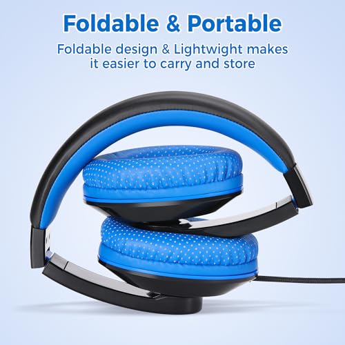 rockpapa Comfort+ Kids Headphones with Microphone, Boys Girls Student Over-Ear Headphones Wired Foldable for School Classroom Laptop PC Computer Tablet Black/Blue+Pink - color: Blue/Black/Pink