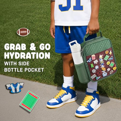 Fit & Fresh Customizable Charm Lunch Bag for Boys & Girls, Football Kids Lunch Box with 6 Sports Charms, Premium Insulated Reusable Lunch Tote for School - color: Green Football
