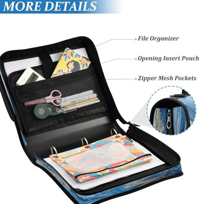 Binder Organizer, Blue Gold Marble 1.5" 3-Ring Zipper Binder with Shoulder Strap & Handle, Water-Resistant Trapper Keeper with Multi-Compartment for School & Office