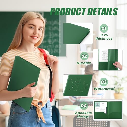 Gueevin 50 Pcs Plastic Folders with Pockets, Back to School Two Pocket Folder Fit Letter Size, Heavy Duty School Business Card Holder for Home Office, 11. 61 x 9. 45 Inches (Dark Green) - color: Dark Green