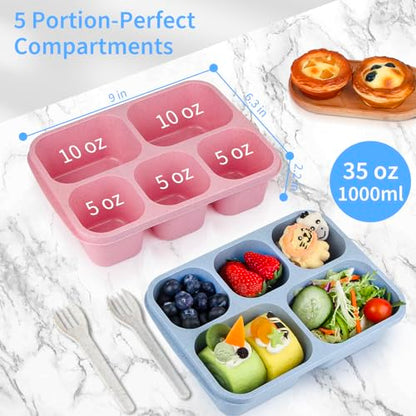 MaMix Bento Box Adult Lunch Box, 5 Compartment Snack Box for Adults 4 Pack, Reusable Stackable Snack Containers for Kids Adults with Utensils, for School, Work, and Travel (Wheat)