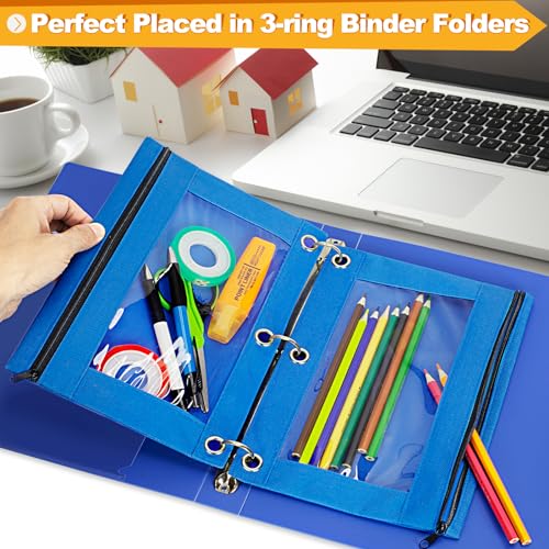 Pencil Pouch for 3 Ring Binder, 2 Pack Pencil Bags with Zipper, Blue Pencil Case for Classroom School Office Supplies, Large Sturdy and Durable Cloth Pencil Pocket for 3 Holder Binder - color: Blue