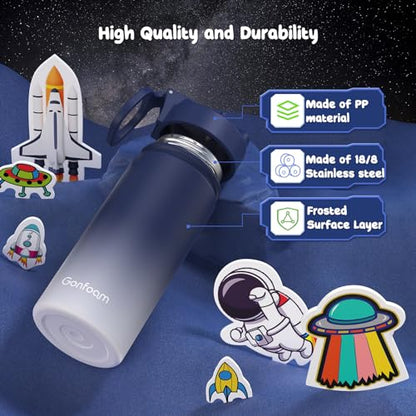 Gonfoam 16oz Kids Water Bottle, Stainless Steel Insulated Cup | DIY Stickers, BPA-free, Leak-proof, Sturdy, Keeps Cold 24h, Easy to Carry, Easy to Clean, Back to School, Gifts - color: Blue and Gray