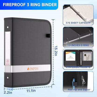 ENGPOW 3 Ring Binder,Fireproof 1.5 Inch D Ring Binder with Zipper,Holds 375 Sheets,Non-Stick,PVC-Free,Compatible with Clear Sheet Protectors,Portable School Office Home Safe Storage for Paper,Black - size: 1.5 inch