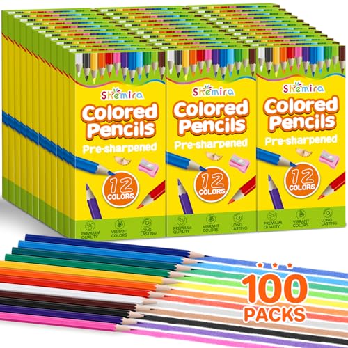 Shemira 100 Pack (1200 Count) Colored Pencils Bulk Set for Kids, Pre-sharpened Coloring Pencil in 12 Colors, Erasable Color Pencils', School Supplies for Kids Teachers, Back to School Supplies