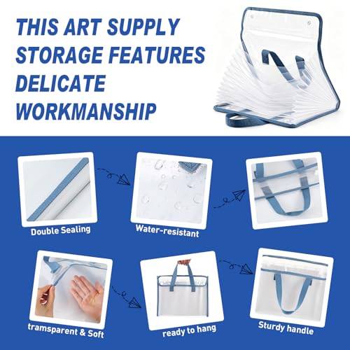 1 Pack 12x13.4 Inch Kids Art Portfolio, Expanding File Organizer with 13 Pockets, Art Portfolio for Kids with Handle, Oxford Cloth Edge Transparent Artwork Folder for Children