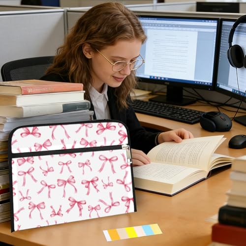 WEBEEDY Portable 13 Pockets Expanding File Folder with Labels and Zipper, Pink Bow Prints Document Folder Cute Accordion File Organizer for A4 Paper Letter Receipt Paperwork Office, Back to School