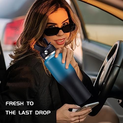 32oz Water Bottles with Straw - Travel Stainless Steel Water Bottle, Carrier Bag with Strap, 32 oz Tumbler Water Cup Fits Car Cup Holders - color: Blue&Black, size: 32 Ounces