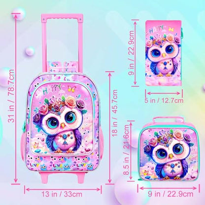 3Pcs Rolling Backpack for Girls, Kids Roller School Backpack with Wheels, Owl Wheeled Bookbag for Elementary Preschool Kindergarten(Pink) - color: Owl Pink