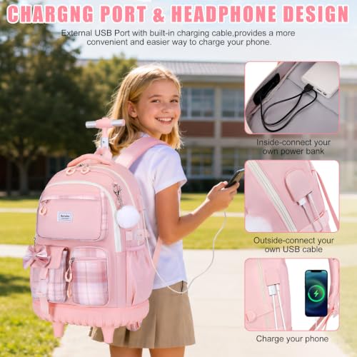 Bevalsa Rolling Backpack for Girls, Roller Backpack with Wheels, Cute Bow Plaid Wheeled School Bookbag Set with Lunch Bag & Pen Case, Suitcases for Kids Teens Elementary Middle Student (Pink) - color: Pink Plaid