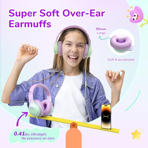EarFun K3 Kids Headphones, Over Ear Headphones with Microphones, 85/94dB Volume Limit, HD Stereo Sound, Foldable Wired Headphone for School/Travel/Boys/Girls/Tablet/iPad (3.5mm Plug with Mic, Purple) - color: Purple