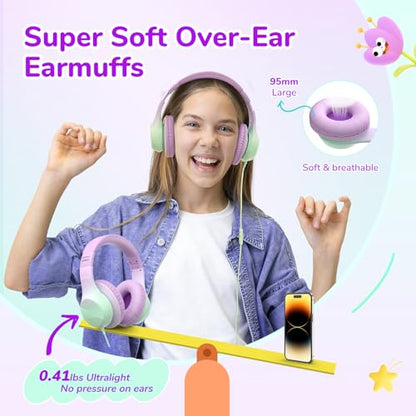EarFun K3 Kids Headphones, Over Ear Headphones with Microphones, 85/94dB Volume Limit, HD Stereo Sound, Foldable Wired Headphone for School/Travel/Boys/Girls/Tablet/iPad (3.5mm Plug with Mic, Purple) - color: Purple