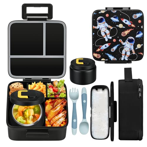 MAISON HUIS Bento Lunch Box with 8oz Soup Thermo, 5-Compartment Leak-Proof Container, Thermo Hot Food Jar and Insulated Lunch Bag, BPA Free,Travel, School - color: Black2