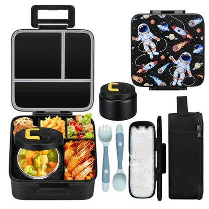 MAISON HUIS Bento Lunch Box with 8oz Soup Thermo, 5-Compartment Leak-Proof Container, Thermo Hot Food Jar and Insulated Lunch Bag, BPA Free,Travel, School - color: Black2