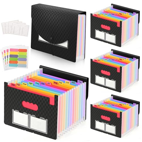 4 Pack Accordion File Organizer - Portable 13 Pockets Document Organizer with Rainbow Color Labels and Sticky Notes for Letter A4 Size Document Holder, Bills, and Store Documents (Black)