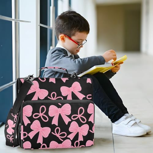 Pink Bow Black Zipper Binder Bag 3 Ring Binder with Shoulder Strap Zip Up 500 Sheets Capacity Multi Pockets for School Office Supplies - color: Multi470, size: Fit 500 Sheets