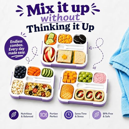 kinsho Bento Box for Kids Women - 6 Compartment, Leak-Proof Lunchbox for School, Portion Control & Meal Prep Containers, Reusable, BPA-Free Snack Container - Includes Utensil Set & E-Book, Purple - color: Lilac