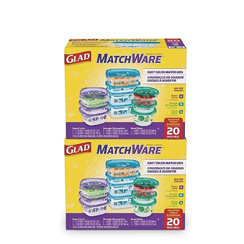 Glad GladWare MatchWare Food Storage Containers with Lids, No BPA Reusable Plastic 20 Piece Variety Pack for Lunches, Meal Prep, and Leftovers, Leak Resistant, Microwave and Dishwasher Safe - 2 Pack - size: 20 Count (Pack of 2)
