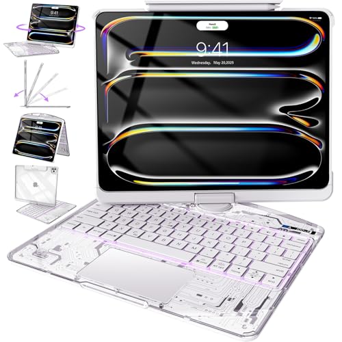 Intermerge Transparent Keyboard Case for iPad Pro 11"(M5,2025/ M4,2024), 360° Swivel Multi-Touch Trackpad, 7-Color RGB Backlit, Pencil Holder, Type-C, Power Indicator, Frost Pulse - color: Frost Pulse, size: Pro 11" (m5,m4)ONLY
