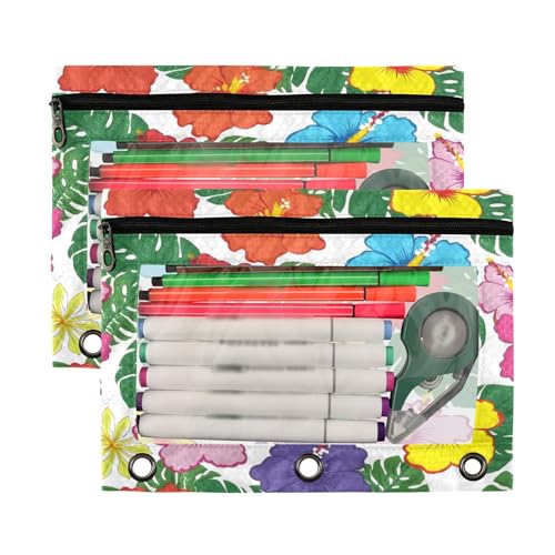Blueangle Hawaiian Palm Leaves Pencil Pouch for 3 Ring Binder, 2 Pack Clear Window Zipper Pencil Bags for Office