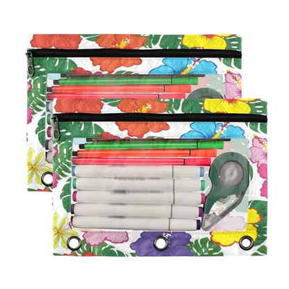 Blueangle Hawaiian Palm Leaves Pencil Pouch for 3 Ring Binder, 2 Pack Clear Window Zipper Pencil Bags for Office