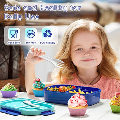 Kids Bento Lunch Box Leakproof Lunch Box with 4 Compartments Lunch Containers with Tableware Kids Bento School Lunch Boxes with Container 44oz, Microwave Dishwasher Freezer Safe (Blue) - color: Blue