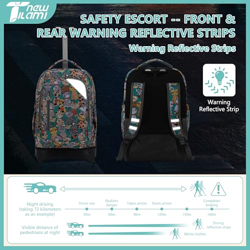 NEW TILAMI Rolling Backpack for Boy Suitcase School Adjustable Laptop Backpack with Wheels for Girl to School Travel Camping Boys Backpack Cute Cats 18 Inches | Water-Resistant Adjustable Trolley Handle Padded Back Panel Multiple Compartments Daily School