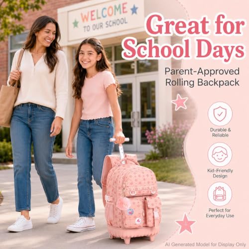 CCJPX Rolling Backpack for Girls, 3Pcs Roller Wheeled School Bookbag, Star Wheels Backpacks with Lunch Box for Kids (Pink) - color: Star Pink