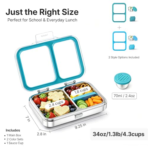 Leak-Resistant 18/8 Stainless Steel Bento Lunch Box Kids 7+ and Adults | 2 Swappable Style Accessories, BPA-Free Tritan Lid, Dishwasher Safe, School, Office & Travel - color: Cyan