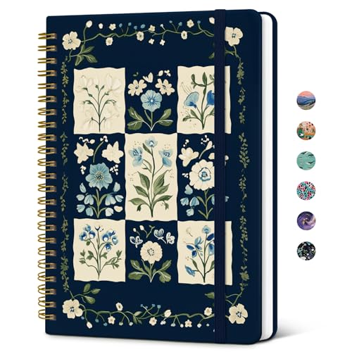 Taja Spiral Lined Journal for Women, Notebook for Work with Pretty Cover, 140 College Ruled Pages, Hardcover Notebook for Journaling, Note Taking, Bible Study, Blue Patchwork - color: B-Blue Patchwork