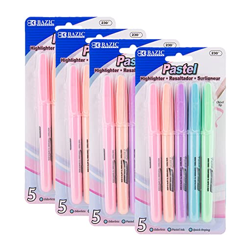 BAZIC PRODUCTS Pen Style Highlighters, Chisel Tip, Clip, 5 Count, 4-Pack | Quick-dry, assorted pastel pen-style highlighters, pocket clip, non-toxic ink, ASTM D-4236, odorless - color: Pastel, size: 1 Count (Pack of 4)