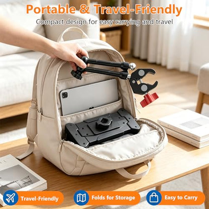 Multi-Scene Universal Tablet Stand, 360° Adjustable Phone Holder for Desk, Metal Crab Clamp with Sturdy Aluminum Arm for 4.7"-13.5" Kindle, iPad Pro/Air/Mini, iPhone, for Stroller Treadmill Golf Cart