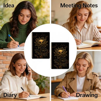 2 Pcs Gold Lotus Floral Spiral Notebook, A5 Journal Notebook 160 Pages | Meditation Yoga Spiral Notepad, Hardcover Journals for Writing Office, Zen Gifts for Women Friends, School Office Supplies - color: Multicolour 0017