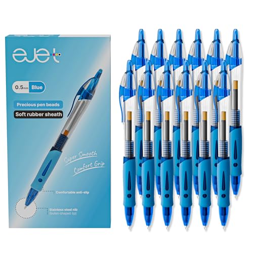 ejet 12 Pack 0.5mm Fine Line Blue Gel Pens – Retractable Gel Roller Pens for Smooth Writing | Ideal for School, Office & Home Use - color: 12 Pcs 0.5mm Blue Ink
