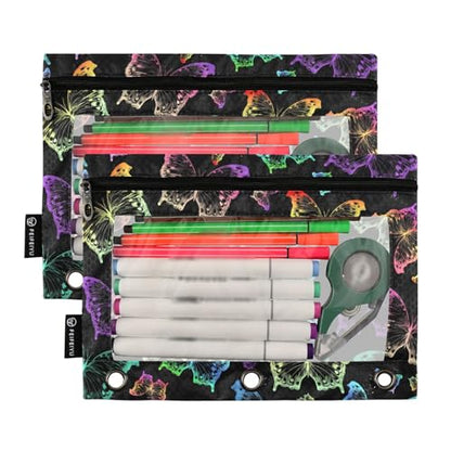 Butterfly Pencil Pouches Bags for 3 Ring Binder, 2 Pack Zipper Stationery Bag with Clear Window 3 Hole Pencil Case for School Office Home - color: Butterfly