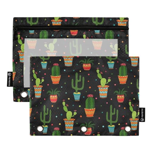 ZAZYXTJ Cactus Binder Pencil Pouchs 3 Ring with Zipper Clear Window | Office Organizers bag for School Students Teacher Supplies 2 Pack - color: Cactus