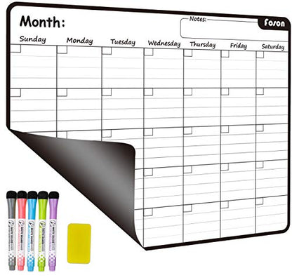 Magnetic Dry Erase Monthly Calendar, White and Black | 0.8mm thick magnetic calendar, stainproof PET, 10000+ erases, kit includes markers, eraser, bookmarks, eco fridge planner - color: Monthly White&black