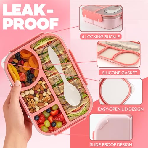 Bento Box for Adults,4 Compartments Lunch Box, Snack Containers Reusable Lunch Containers Drop-Proof, Dishwasher Safe & Made with BPA-Free Materials, Pink - color: Pink