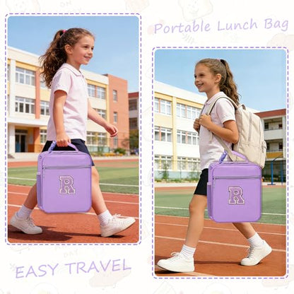 Insulated Lunch Box Kids Youth Adult Lunch Bag Container Bag for Women Girl School Work Travel Food Picnic Cooler,Cute Lunch Tote Bag with Shoulder Strap Handheld Water Bottle Holder Purple R - color: 08-Purple R